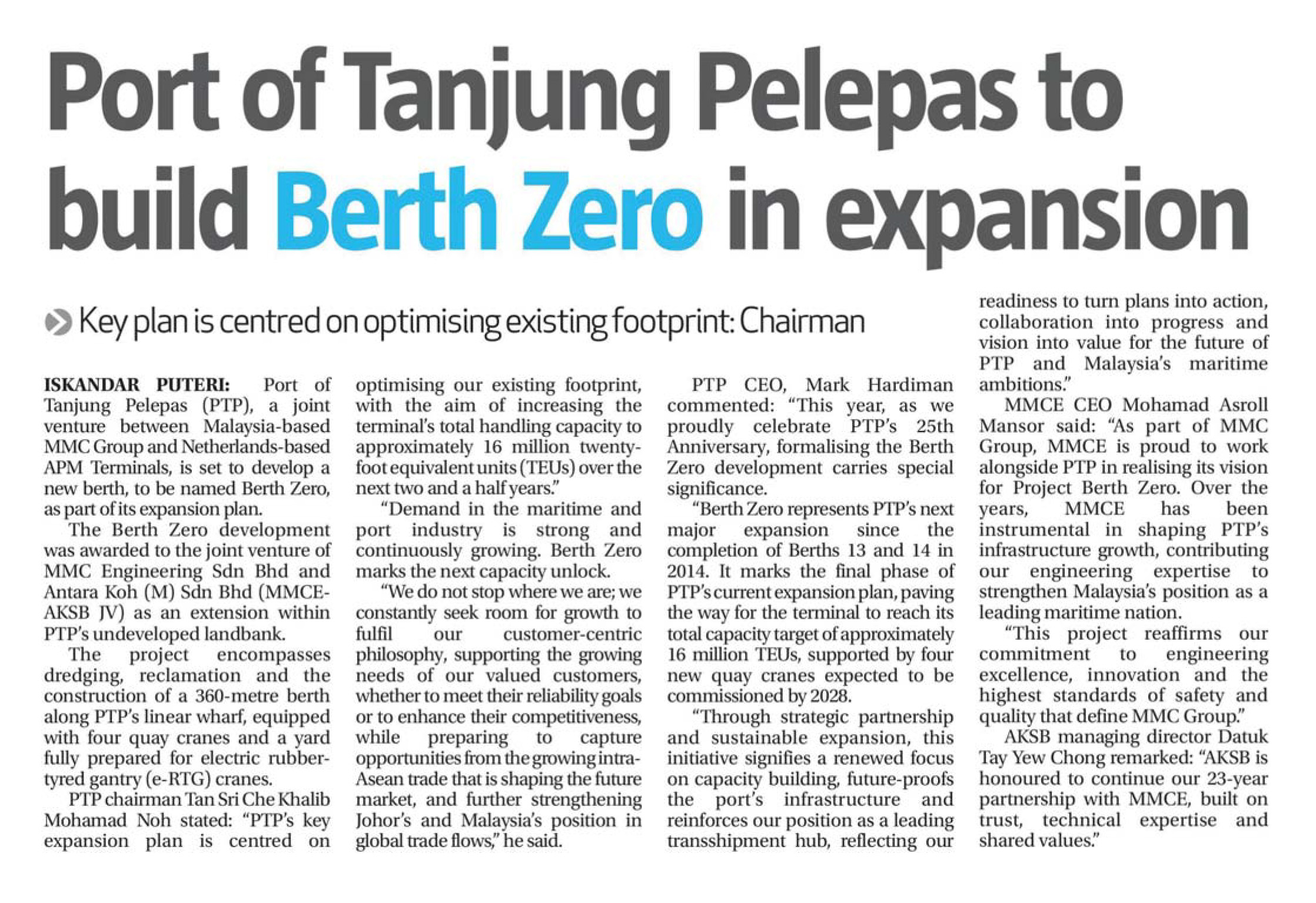 TSun – Port of Tanjung Pelepas to build Berth Zero in expansion TSun - Port of Tanjung Pelepas to build Berth Zero in expansion